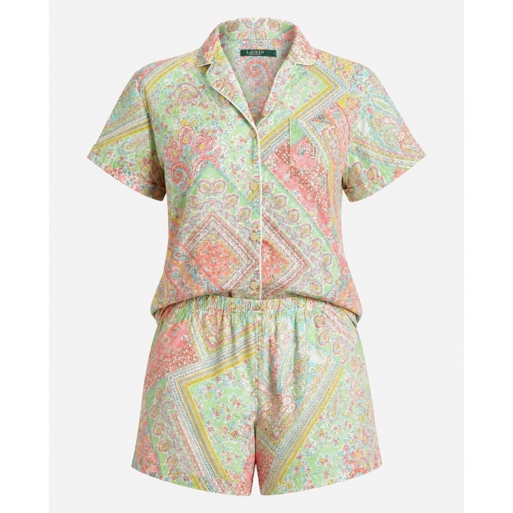 Lauren Ralph Lauren Womens Pajama Set Pastel Paisley Floral Shorts Top‎ Large